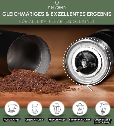 Ручна кавомолка HEI Vken з конічною кавомолкою - Регульований помел - Ручна кавомолка з нержавіючої сталі для дому та в дорозі