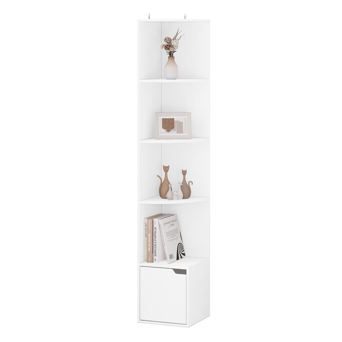 Кутова полиця WOLTU, книжкова шафа, окремостояча полиця, полиця для зберігання, полиця з дверцятами, з 5 полицями, виготовлена з інженерної деревини, для кабінету, спальні, вітальні, офісу, 29,5x158x29,5 см, білий, SK038ws