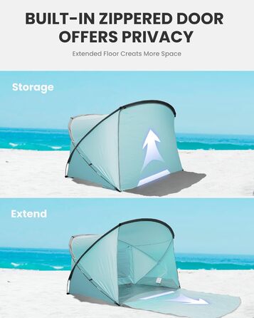 Пляжний намет OutdoorMaster для 3 осіб легке встановлення та портативний, пляжний тінь, захист від сонця, тент із захистом від ультрафіолету UPF 50, знімне мансардне вікно, сімейний розмір, світло-зелений