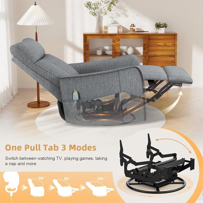Крісло для телевізора/масажне крісло з функцією відкидання, крісло для релаксації з підігрівом та масажем, крісло для телевізора з поворотом на 360 для вітальні, крісло-гойдалка з м&39яким підголівником, 2 бічні кишені, сірий