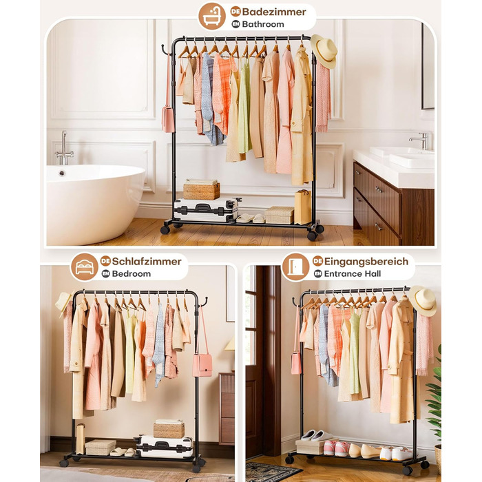 Багатофункціональна вішалка для одягу Yorbay з регульованою висотою на колесах міцна металева вішалка для одягу з полицею для багажу - компактна вішалка для одягу для спальні та пральні (117,5 см) чорного кольору 117,5 см