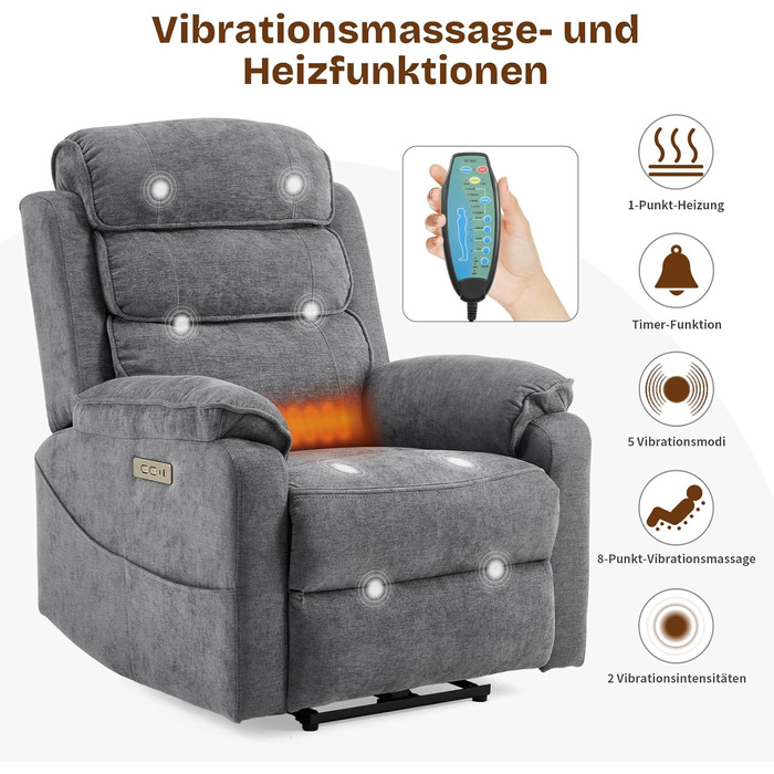 Крісло-реклайнер для телевізора LEADZM з бездротовою зарядкою, 1 порт USB, 1 порт зарядки USB-C, розкладне крісло для телевізора з масажем та підігрівом, бічні кишені, підсклянник (темно-сірий)
