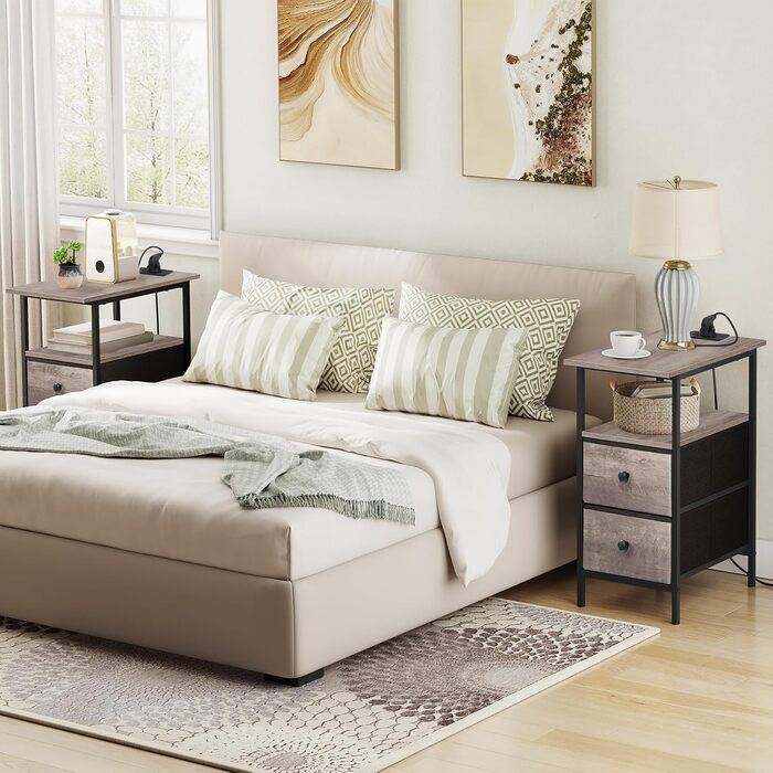 Вузький бічний столик HOOBRO із зарядною станцією, тумбочка з 2 флісовими шухлядами, компактний бічний столик, для невеликих приміщень, спалень, сіро-чорний EBG486CBZ01 сірий чорний