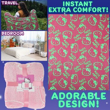 Флісова ковдра Get Trend Hello Kitty Sanrio, що світиться в темряві, 130x150 см, пухнаста флісова ковдра, що світиться в темряві, подарунки для дітей та дорослих (рожева Hello Kitty) Рожева Hello Kitty 130x150 см