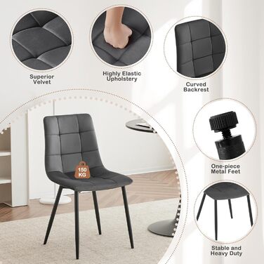 Обідні стільці EUGAD, комплект з 4 шт. , для їдальні, кухні, вітальні, м&39які кухонні стільці зі спинкою, оксамитовий чохол, з металевими ніжками, вантажопідйомність 150 кг, темно-сірий, комплект з 4 предметів (44 x 81 x 51 см)