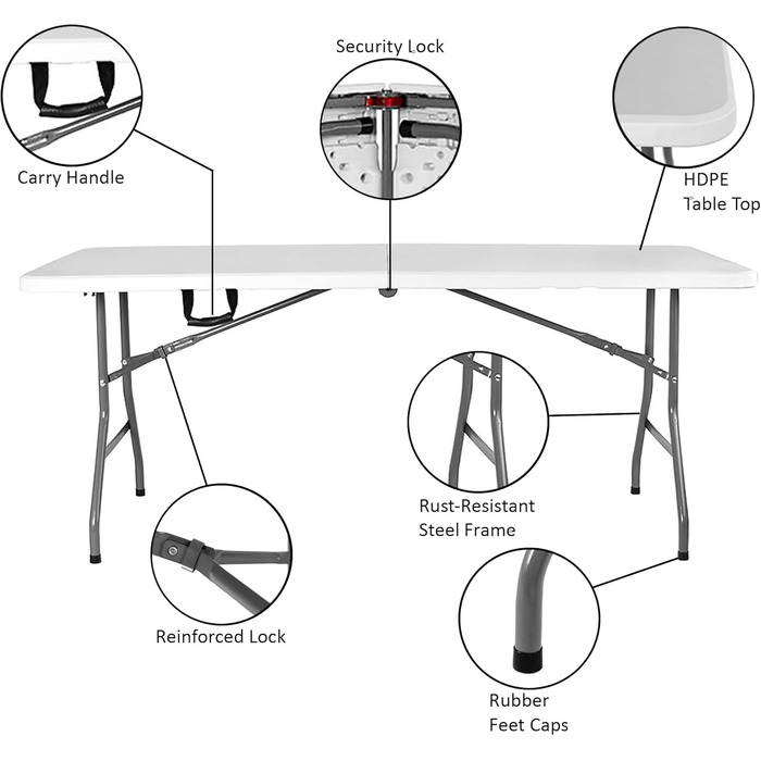 Складаний стіл Home Vida, 1,5 м, міцний, надзвичайно міцний, для кемпінгу, фуршету, весілля, ринку, саду, вечірки, багажника автомобіля, стайні, пікніка, кабінки, для використання в приміщенні та на вулиці, складна ручка для перенесення