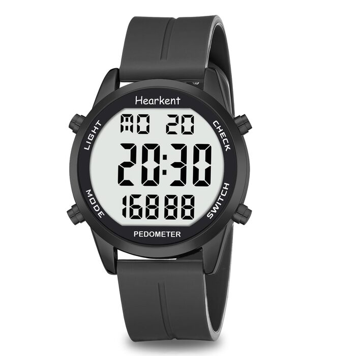Чоловічий годинник-крокомір (без застосунку чи телефону), цифровий годинник з великими цифрами, водонепроникний 30 м, фітнес-трекер з крокоміром та лічильником калорій, повністю чорний