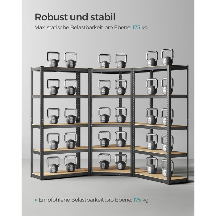 Комплект кутових полиць SONGMICS, 5 ярусів, міцний стелаж, металевий, полиця для зберігання в гаражі, підсобному приміщенні, підвалі, вантажопідйомність до 2625 кг, чорний/натуральний бежевий GLR070B03 5 ярусів (160Г x 160Ш x 180В см) чорний натуральний б