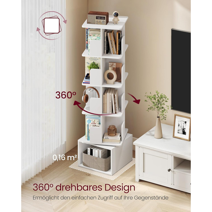 Колекція Custos - Обертова книжкова шафа, 5-ярусна полиця для зберігання, Окремостояча полиця з відкритими відділеннями, 40 x 40 x 155,8 см, для спальні, вітальні, офісу, Хмарно-білий LBC472WB01