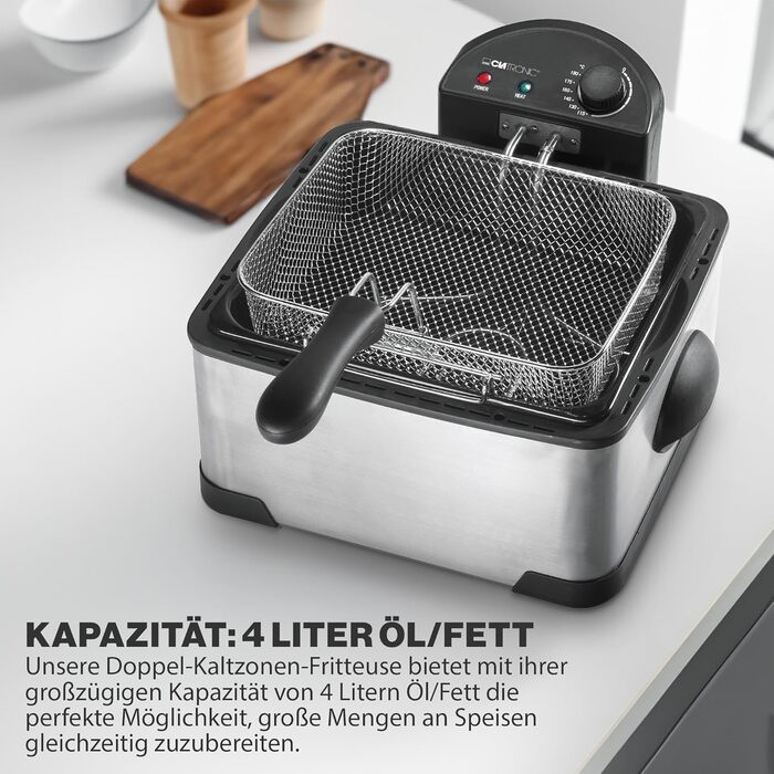Фритюрниця Clatronic Double Cold Zone FR 3195, 2 маленькі та один великий кошики для смаження, 4 літри, 2000 Вт, нержавіюча сталь