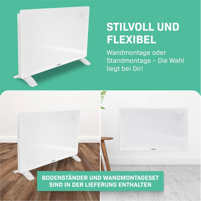 Енергозберігаючий електричний обігрівач VONROC 2000 Вт - Конвекторний обігрівач для приміщень площею до 24 кв. м - Портативний електричний обігрівач Керування за допомогою додатку/сенсорне керування - Радіатор 2-в-1 для настінного/підлогового монтажу - Бі