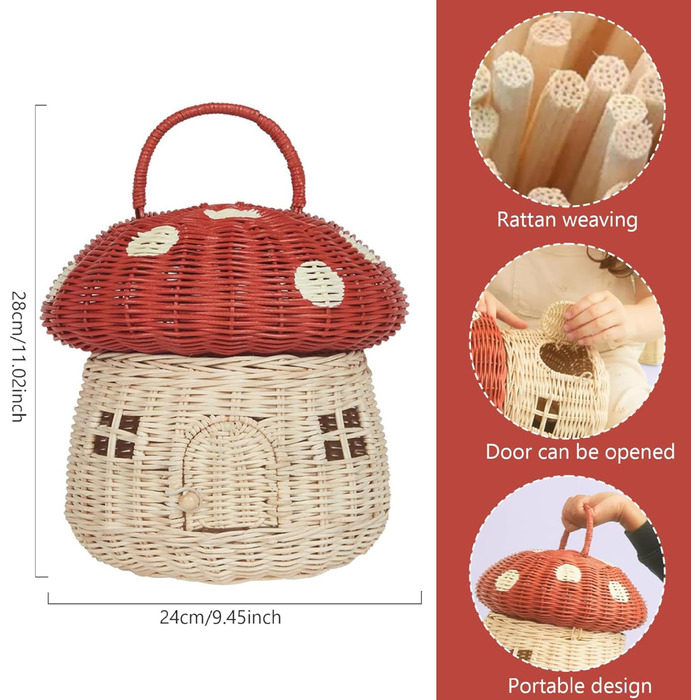 Кошик для грибів, 11 дюймів, у формі будиночка, з кришкою, портативний декоративний ротанг з ручкою, реквізит для фотографії, подарунки для дитячого декору