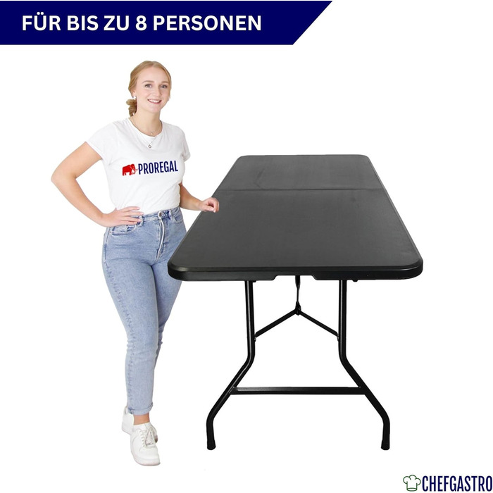 Складаний фуршетний стіл 180x75 см, водонепроникний садовий стіл з ручкою для перенесення, 8 осіб, пластиковий чорний, складаний стіл, портативний кемпінговий стіл на відкритому повітрі для саду, тераси, балкону, вечірки, фуршетний стіл, гладкий чорний