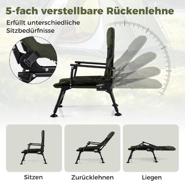 Складане рибальське крісло COSTWAY, регульоване по висоті кемпінгове крісло з регульованою спинкою, крісло для лову коропа з підлокітниками та великими ніжками, портативне рибальське крісло для кемпінгу, риболовля в наметі