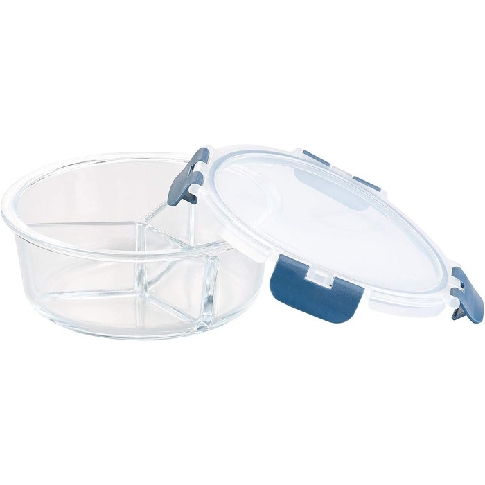 Скляний контейнер для мікрохвильової печі з 3 відділеннями, кришка на защіпках, -20 до 520 C, круглий (Скляний посуд для мікрохвильовки з кришкою, для сніданків/мюслі)