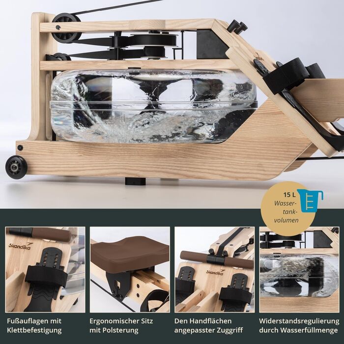 Водний гребний тренажер преміум-класу Skandika Styrke Зроблено в Німеччині, дерев&39яний водний гребний тренажер, функція застосунку Kinomap, домашній гребний тренажер, масив ясена з Німеччини, природний досвід веслування, до 180 кг, арктично-білий, корич