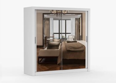 Шафа з дзеркалом - Шафа з розсувними дверима - Шафа для спальні - 64 x 203 x 215 см - Шафа для вітальні - Вішалка для одягу, Шафа з двома дверима, Сучасна 200 см Біла