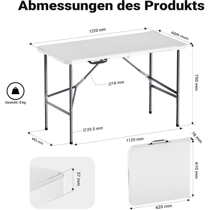 Складаний кемпінговий стіл Wiltec 122x60x75 см, розкладний стіл з ручкою для перенесення, стіл для вечірки, пивний стіл, садовий стіл, фуршетний стіл, комплект пивного намету, складний кемпінговий стіл 120 x 60 x 74 см у розкладеному вигляді, 63 x 61 x 75