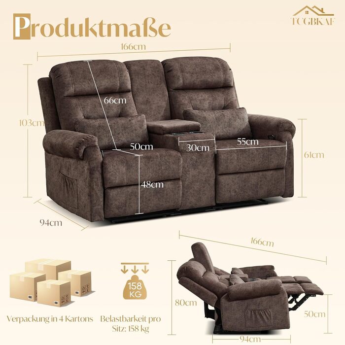 Крісло для кінотеатру, 2-місний диван з консоллю, двомісне крісло для телевізора, крісло-реклайнер з функцією відкидання, 2-місне крісло для кінотеатру, крісло-реклайнер, регульоване, 2-місний диван, крісло для телевізора, вітальня з підсклянником, коричн