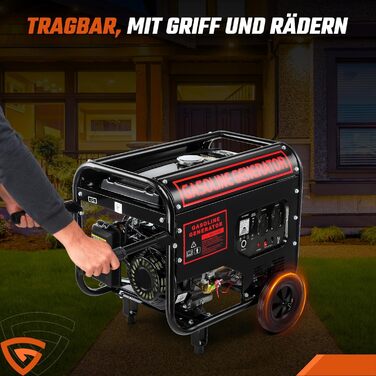 Тактний бензиновий генератор, електричний стартер 5000 Вт, аварійний генератор 12 к.с. з автоматичним регулюванням напруги (ARV), 2 розетки 230 В, 1 розетка 12 В, бак 15 л, 50 Гц, CE, портативний на колесах, для кемпінгу, будівельних майданчиків та дому, 
