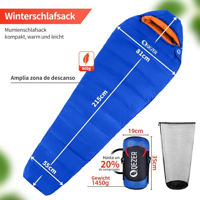 Пуховий спальний мішок, теплий легкий зимовий спальний мішок від 0C до -23C для дорослих та дітей, 4 сезони кемпінгу, використання на вулиці та в приміщенні, сапфірово-синій, 7C