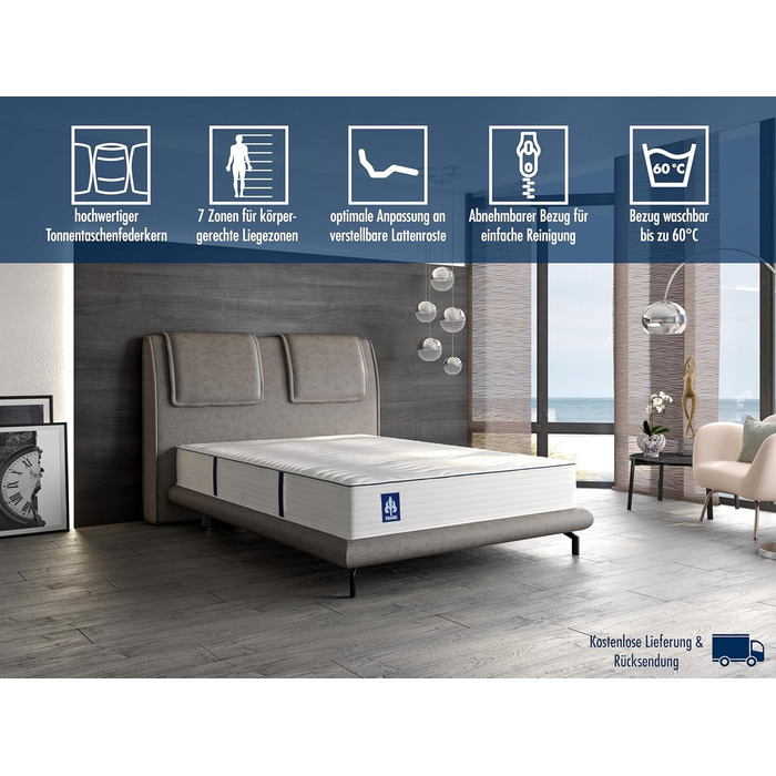 Матрац Irisette Rgen з 1000 пружинами кишенькової конструкції, висота 24 см, 7-зонний двосторонній матрац, рівень жорсткості 3, 160x200 см, сертифікований Oeko-Tex, виготовлений відповідно до німецьких стандартів якості 160 x 200 см H3 - середньої жорстко