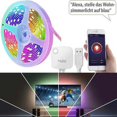 Смужка для керування будинком Luminea світлодіодна стрічка USB-RGB-CCT-LED з Wi-Fi, програмою, звуком і голосовим керуванням, 3 м (сумісна зі світлодіодною стрічкою Alexa, світлодіодна стрічка з можливістю затемнення RGBW, освітлення шафи)