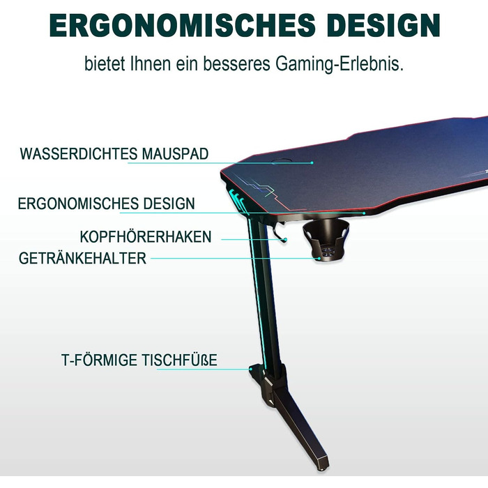 Ігровий стіл SONNI зі світлодіодним освітленням, площа поверхні 140 см/стіл для ПК/ігровий стіл, підтримує 2-3 монітори з килимком для миші, тримачем для напоїв та гачком для навушників, 140 x 60 см