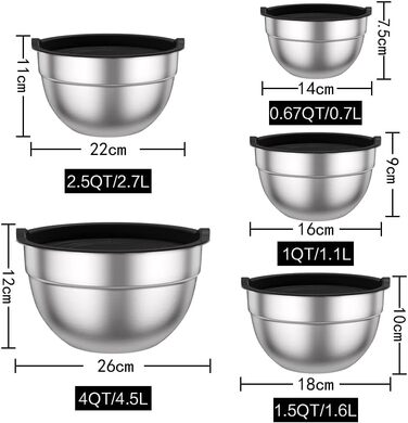 Набір салатників Wildon з 5 шт. , миска з нержавіючої сталі з герметичною кришкою, розмір 4,5 л, 2,7 л, 1,6 л, 1,1 л, 0,7 л, набір