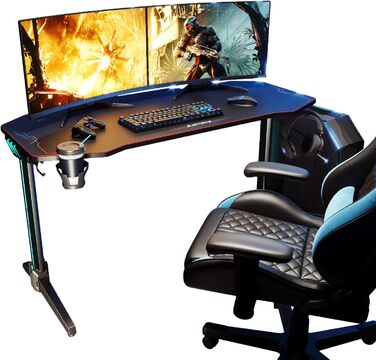 Ігровий стіл SONNI зі світлодіодним освітленням, площа поверхні 140 см/стіл для ПК/ігровий стіл, підтримує 2-3 монітори з килимком для миші, тримачем для напоїв та гачком для навушників, 140 x 60 см