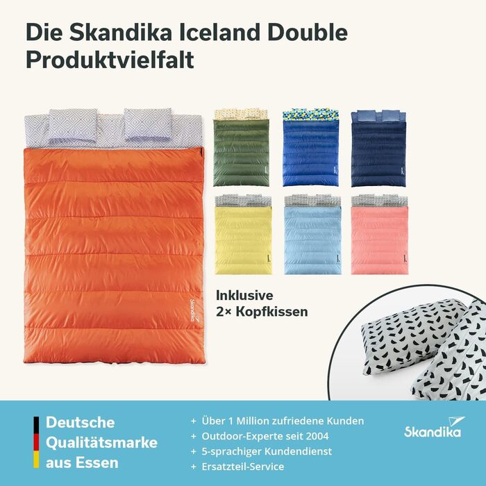 Подвійний спальний мішок Skandika Iceland Спальний мішок для 2 осіб, 3 сезони, з фланеллю/без неї, бавовна, подушка, 220 x 150 см, можна використовувати як одинарний спальний мішок Спальний мішок-ковдра, сімейний спальний мішок, лосось