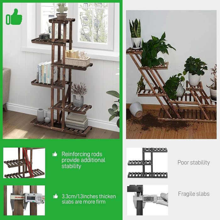 Ярусна підставка для квітів Yaheetech, полиця для квітів з масиву дерева, стійка для рослин, компактна та багатофункціональна лавка для квітів для балкону/тераси/саду 75 x 27 x 140 см, 6-