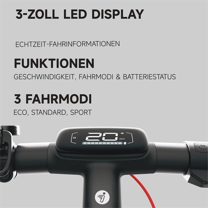 Електросамокат з допуском до експлуатації в Німеччині, запас ходу 55 км в еко-режимі, запас ходу 47 км в спортивному режимі, передня та задня підвіски, двигун потужністю 800 Вт, складається, 17,9 кг, 10-дюймові шини, IPX5, 3 Pro D