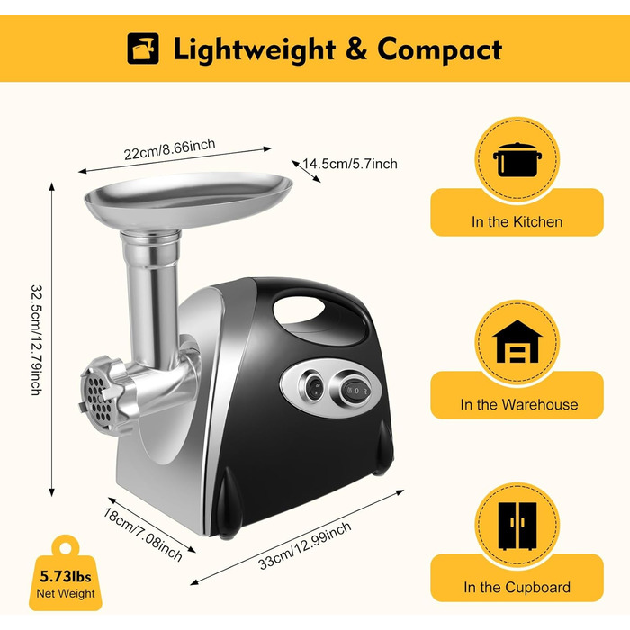 М'ясорубка електрична з нержавіючої сталі, м'ясорубка 800W 190R/m, машина для фаршу з 3 подрібнювальними пластинами і трубками для