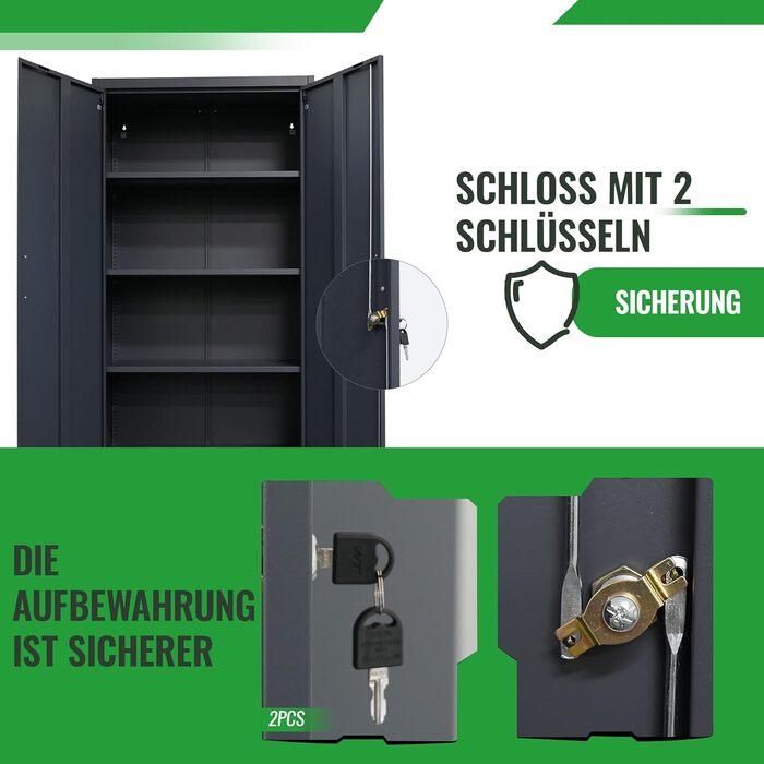 Шафа для документів Ondis24, багатофункціональна шафа, із замком, регульовані полиці, міцна, довговічна, подвійні двері з магнітними дверцятами та ручками, надійна, шафа для інструментів, офіс, майстерня, гараж (антрацит, 170) Антрацит 170