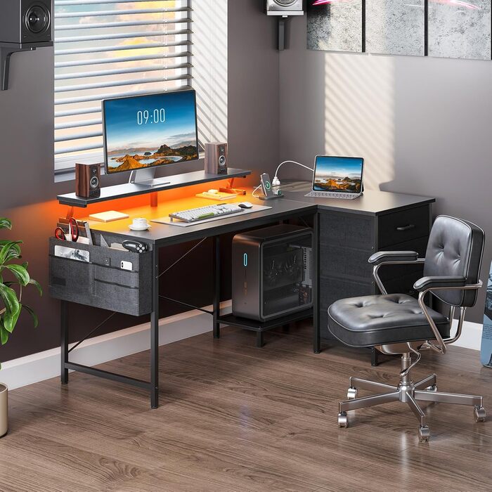 Кутовий письмовий стіл ODK з 4 тканинними шухлядами, 140x80 см, двосторонній L-подібний стіл з 2 розетками та 2 портами зарядки USB, L-подібний ігровий стіл зі світлодіодним освітленням та підставкою для монітора для домашнього офісу, чорний 140 x 80 см