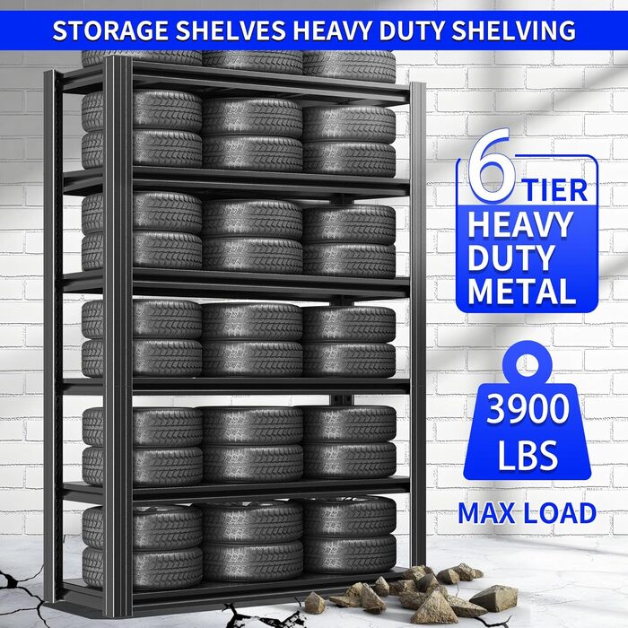 Міцний стелаж, 6-ярусний стелаж для зберігання, металевий підвальний стелаж, розміри (Г x Ш x В) 45 x 120 x 210 см, вантажопідйомність до 1200 кг, стелажі для гаражів та складських приміщень, безригельні стелажі, стелажі для майстерні, чорний.
