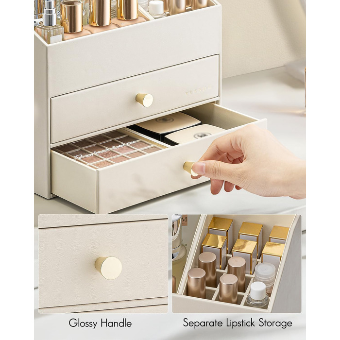 Органайзер для макіяжу VLANDO з 3 шухлядами, органайзер для туалетного столика, органайзер для косметики, органайзер для макіяжу для ванної кімнати, догляд за шкірою комода, бежевий