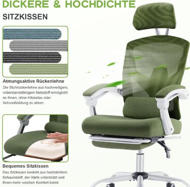 Ергономічне офісне крісло DUMOS - стілець зі зручними підлокітниками, оснащений зручною поперековою опорою та підставкою для ніг, підходить для дому та офісу (зелений)