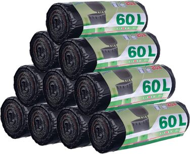 Сміттєві пакети ASelected, 200 шт. , 50-60 л, зі шнурком, сміттєві пакети з ручкою, супергерметичні, 10 рулонів, пакет для сміття зі шнурком, 60 літрів, великий 71 x 64 см, чорний, 60 л-чорний-200 шт.