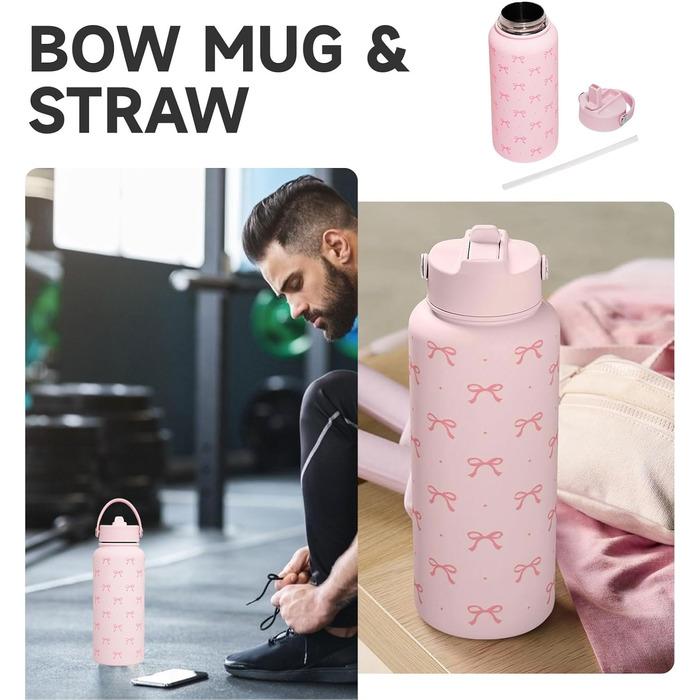 Термос з бантом, ізольована пляшка для води з нержавіючої сталі об&39ємом 32 унції, рожевий термос для жінок, дівчат, підлітків, подарунок на день народження