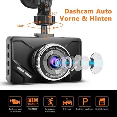 Відеореєстратор автомобільний передній і задній, подвійна автомобільна камера з SD-картою, FHD 1080P, 3-дюймовий IPS екран, нічне