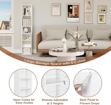 Книжкова полиця WOLTU, відкрита полиця з 5 кубиками, кубічна полиця, роздільник кімнати, полиця для документів, вузька полиця для зберігання, для вітальні, офісу, виготовлена з деревного матеріалу, біла, 30x1526 см, SK034ws 5 полиць (26Г x 30Ш x 151В см) 