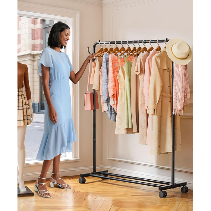 Багатофункціональна вішалка для одягу Yorbay з регульованою висотою на колесах міцна металева вішалка для одягу з полицею для багажу - компактна вішалка для одягу для спальні та пральні (117,5 см) чорного кольору 117,5 см