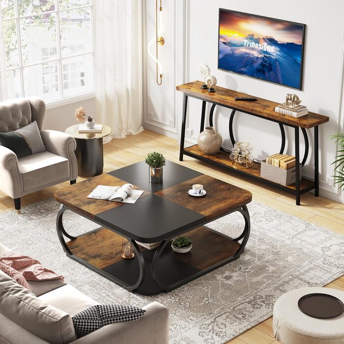 Квадратний журнальний столик Tribesigns для вітальні, 100 x 100 x 50 см, журнальний столик з дерев&39яного композиту, низький столик для сучасної вітальні, рустикальний коричневий чорний