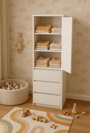 Шафа з шухлядами - Шафа з 3 шухлядами та полицями - Шафа шириною 50 см, висотою 180,5 см, глибиною 40 см - Спальня, дитяча кімната, шафа для білизни - Білий
