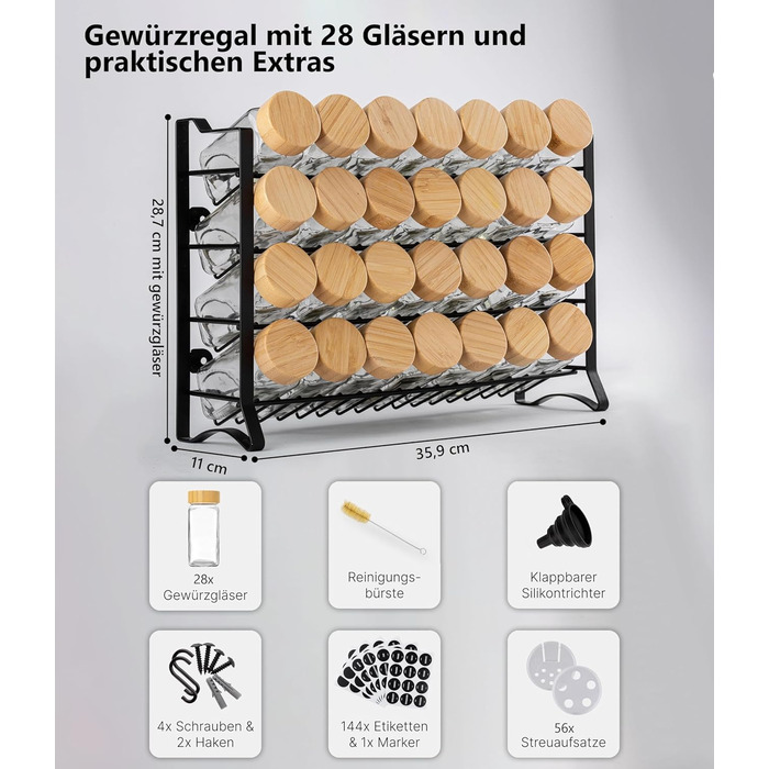 Підставка для спецій Deco haus, настінна та настінна З 28 БАНКАМИ ДЛЯ СПЕЦІЙ ТА ЕТИКЕТКАМИ - Органайзер для спецій - Органайзер для підставки для спецій - Підставка для спецій, підвісні підставки для спецій - Шафа для підставки для спецій, чорне сховище д