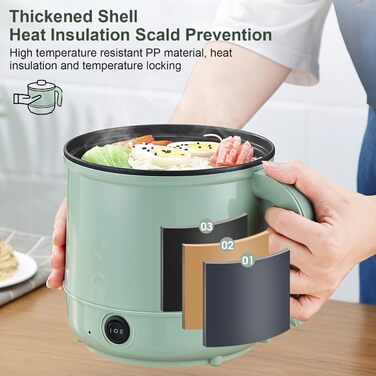 Електрична каструля, електричні фондю 1,7 л, портативна каструля з антипригарним покриттям, мультиварка з подвійним регулюванням потужності для смаження, стейків, пасти, раменної плити в гуртожитку та квартирі (зелений1)