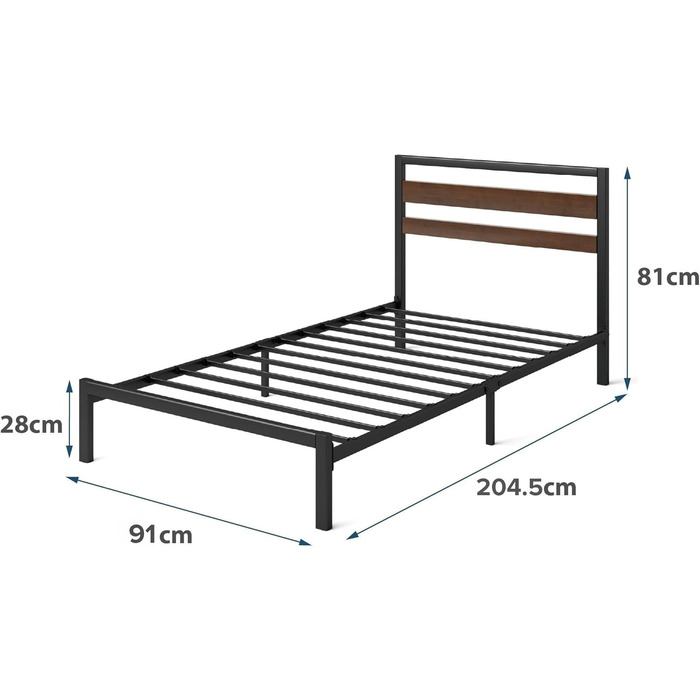 Ліжко Zinus Kai каркас 90 x 200 см з бамбуковим узголів&39ям - Металеве ліжко 90x200 з металевою рейковою основою - Платформа заввишки 80 см з простором під нею - Пружинний матрац не потрібен - Чорно-коричневий 90x200 см Стиль B