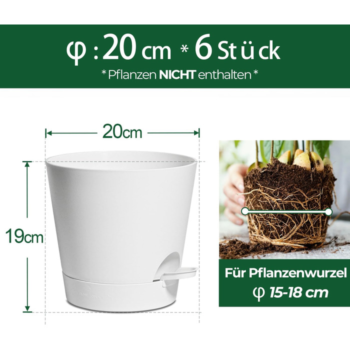 Пластиковий квітковий горщик T4U з системою поливу, набір із 6 самополивних кашпо з блюдцями, круглі кашпо для кімнатних та балконних садових рослин, сукулентів, кактусів (20 см, білий) 20 см білий